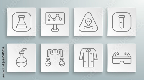 Set line Plant breeding, Chemical formula, Test tube and flask, Laboratory uniform, Safety goggle glasses, Triangle warning toxic, and icon. Vector