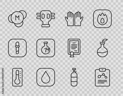 Set line Medical thermometer, Chemistry report, rubber gloves, Water drop, Molecule, Cracked flask, Propane gas tank and Plant breeding icon. Vector