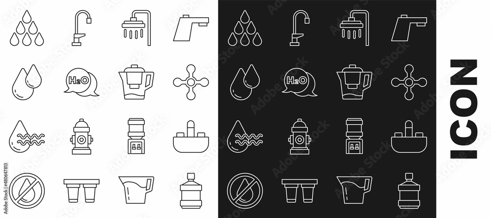 Set line Big bottle with clean water, Washbasin tap, Water, Shower, Chemical formula for H2O, drop, and jug filter icon. Vector