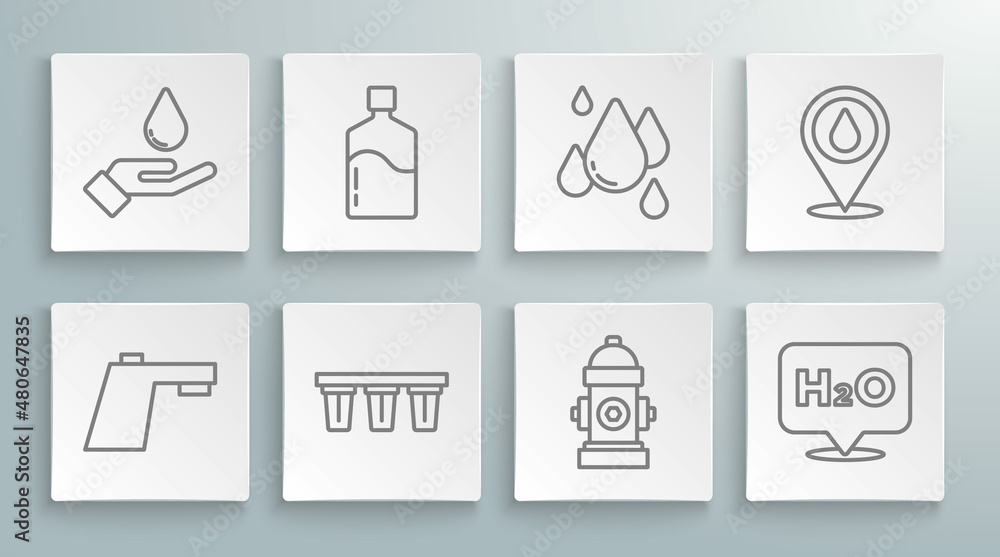 Set line Water tap, Big bottle with clean water, filter, Fire hydrant, Chemical formula for H2O, drop, location and Washing hands soap icon. Vector Set line Water tap, Big bottle with clean water, filter, Fire hydrant, Chemical formula for H2O, drop, location and Washing hands soap icon. Vector