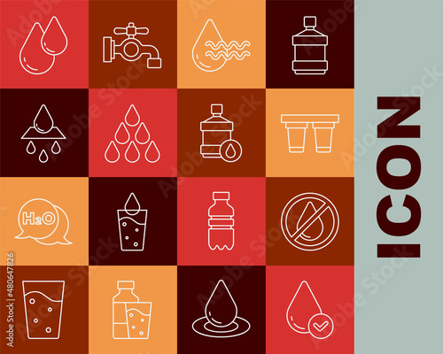 Set line Water drop, forbidden, filter, Recycle clean aqua, and Big bottle with water icon. Vector