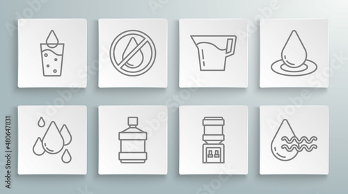 Set line Water drop, forbidden, Big bottle with clean water, cooler, Recycle aqua, Jug glass, and Glass icon. Vector
