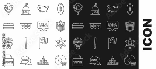 Set line American football helmet, Hexagram sheriff, Shield with stars, USA map, Carnival garland flags, Sandwich, Tourist binoculars and Independence day icon. Vector