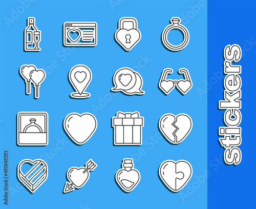 Set line Heart, Broken heart, shaped love glasses, Castle in the of, Location with, Balloons form, Champagne bottle and speech bubble icon. Vector