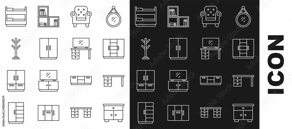 Set line Furniture nightstand, Office desk, Wardrobe, Armchair, Coat, Bunk bed and TV table icon. Vector Set line Furniture nightstand, Office desk, Wardrobe, Armchair, Coat, Bunk bed and TV table icon. Vector