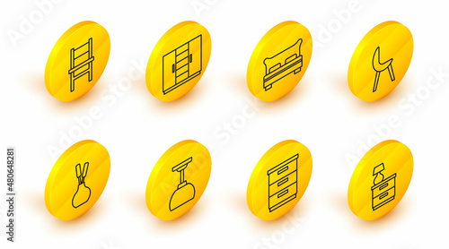 Set line Furniture nightstand with lamp, Lamp hanging, Vase, Armchair, Big bed, Wardrobe and Chair icon. Vector