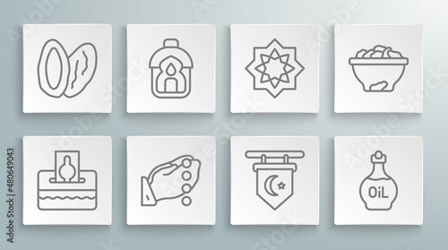 Set line Donate or pay your zakat, Ramadan Kareem lantern, Hands in praying position, Star crescent, Essential oil bottle, Octagonal star, Date fruit bowl and icon. Vector