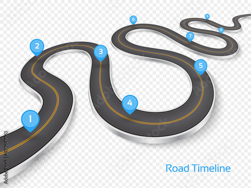Winding 3D road concept on a transparent background. Timeline template.