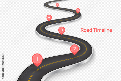 Winding 3D road concept on a transparent background. Timeline template.