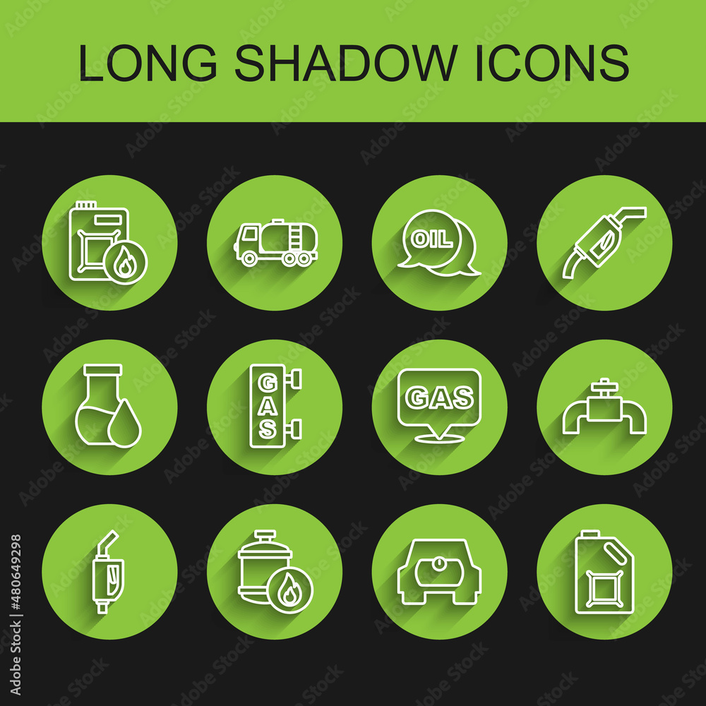 Set line Gasoline pump nozzle, Propane gas tank, Canister for motor oil, vehicle, filling station, Metallic pipes and valve and Location icon. Vector Set line Gasoline pump nozzle, Propane gas tank, Canister for motor oil, vehicle, filling station, Metallic pipes and valve and Location icon. Vector