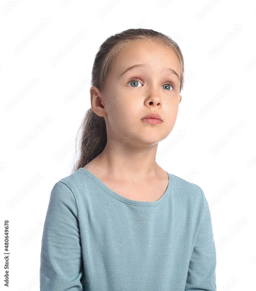 Portrait of sad little girl on white background Portrait of sad little girl on white background