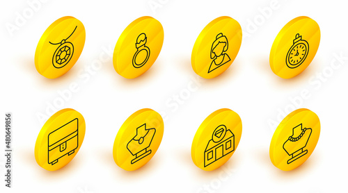 Set line Necklace on mannequin, Jewelry store, box, Pocket watch, Consultant of jewelry, Diamond engagement ring and Pendant necklace icon. Vector