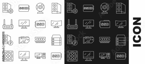 Set line SSD card, Server, Data, Web Hosting, Computer monitor screen, camera, Router and wi-fi signal, Case of computer and icon. Vector