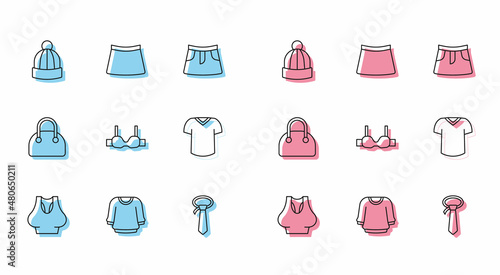 Set line Undershirt, Sweater, Winter hat, Tie, Bra, T-shirt, Handbag and Skirt icon. Vector