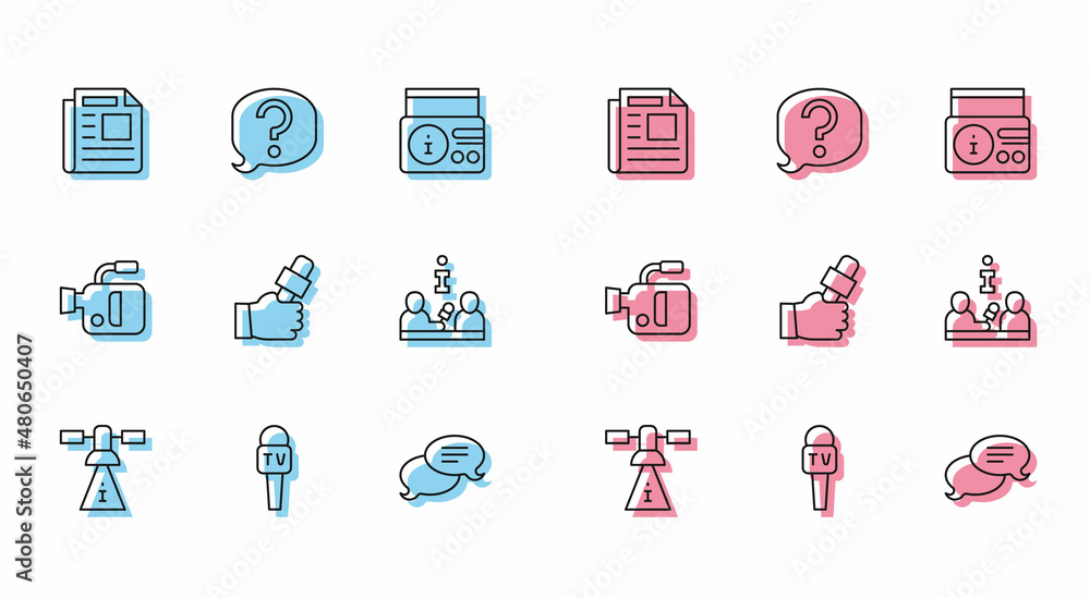 Set line Satellite, Microphone, News, Speech bubble chat, Journalist news, Interview, Cinema camera and icon. Vector Set line Satellite, Microphone, News, Speech bubble chat, Journalist news, Interview, Cinema camera and icon. Vector