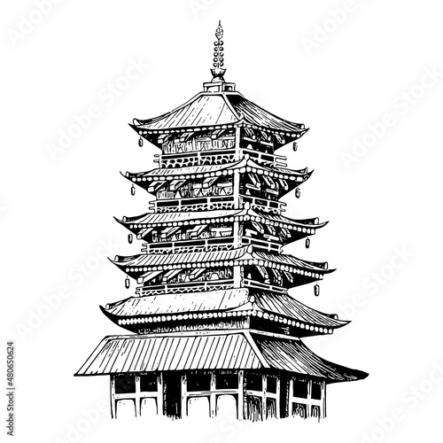hand drawn illustration of japanese pagoda, buddhist temple structure, illustrated in engraved style, isolated on white background