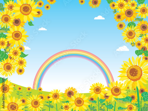 夏の向日葵畑の風景のイラスト