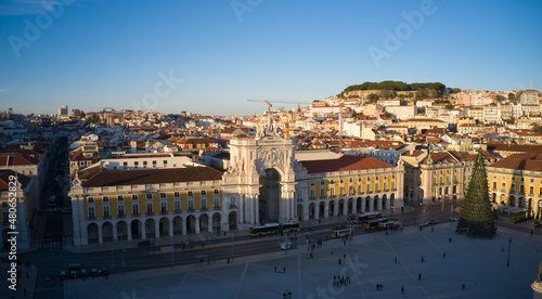 Lisbon, Portugal - January 13, 2022: Aerial drone view of the Augusta Street Arch from Commerce Square in Lisbon, Portugal. Winter sunset.