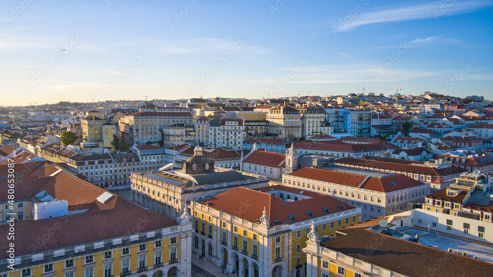 Lisbon, Portugal - January 13, 2022: Lisbon Town hall. Aerial drone view from Commerce Square.