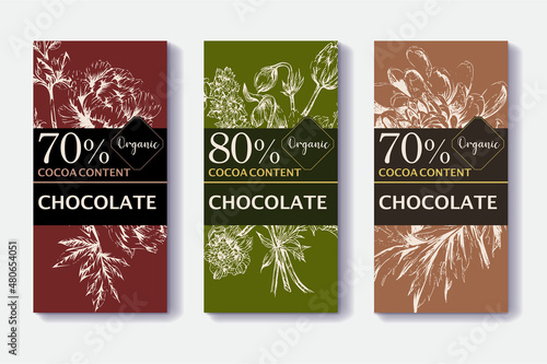 set of chocolate package template design with hand drawn flower illustrations