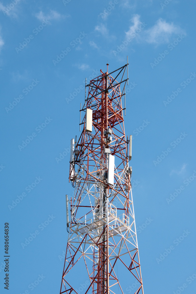 Telecommunication tower of 4G and 5G cellular. Antenna transmission communication. Cell phone signal base station. Telecommunication tower of 4G and 5G cellular. Antenna transmission communication. Cell phone signal base station.