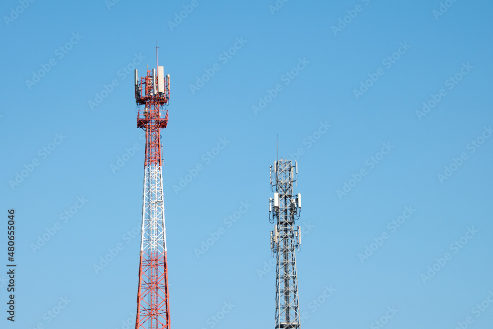 Telecommunication tower of 4G and 5G cellular. Antenna transmission communication. Cell phone signal base station. Telecommunication tower of 4G and 5G cellular. Antenna transmission communication. Cell phone signal base station.