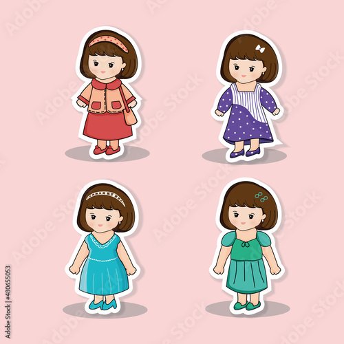 cute girl cartoon with different dresses 