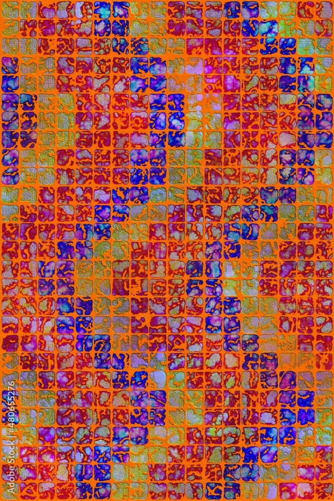 An abstract illustration featuring a stylized zigzag in orange, tan, red, purple and blue