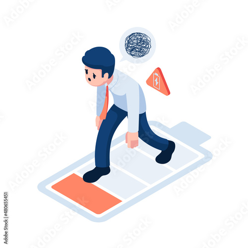 Isometric Exhausted Businessman with Low Energy Battery