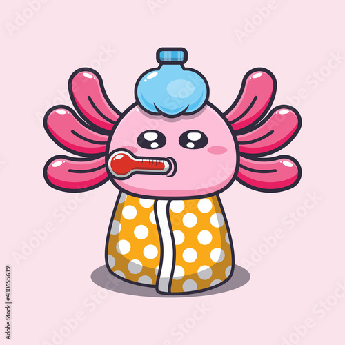 Cute axolotl sick cartoon vector illustration.