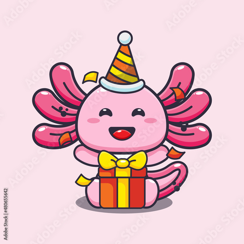 Cute axolotl in birthday party cartoon vector illustration.