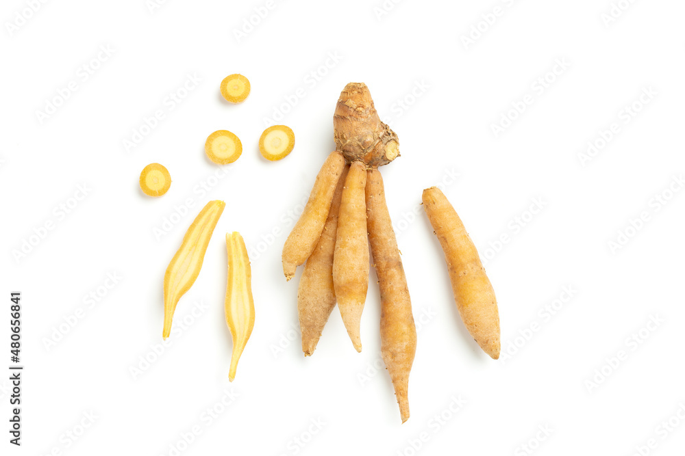top view Kaempferia slice and finger root isolated on a white background top view Kaempferia slice and finger root isolated on a white background