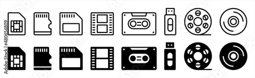 Digital data storage icons set. Memory data media accessories icons set.