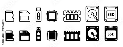 Computer hardware icons. Digital data storage icon vector.