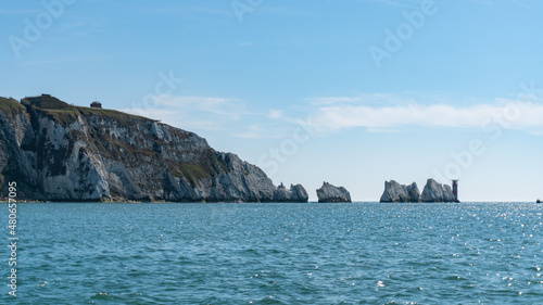 Far away view of the Needles, in Alum bay, Isle of Wight, United Kingdom photo