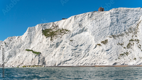 View of chalk cliffs near The Needles in Alum Bay, Isle of Wight, United Kingdom