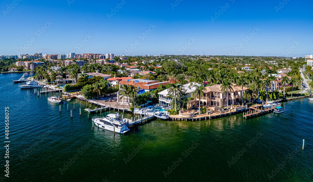panoramic aerial drone view of city with boats of  Boca Raton, Florida