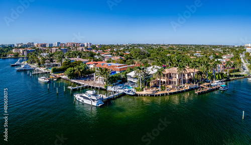 panoramic aerial drone view of city with boats of Boca Raton, Florida