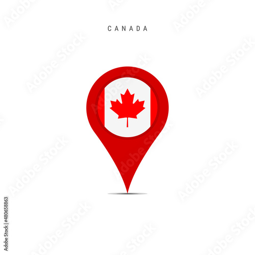 Teardrop map marker with flag of Canada. Canadian flag inserted in the location map pin. Flat vector illustration isolated on white background.