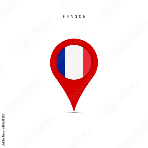 Teardrop map marker with flag of France. French flag inserted in the location map pin. Flat vector illustration isolated on white background.