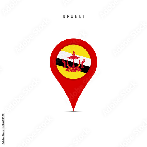 Teardrop map marker with flag of Brunei. Bruneian flag inserted in the location map pin. Flat vector illustration isolated on white background.