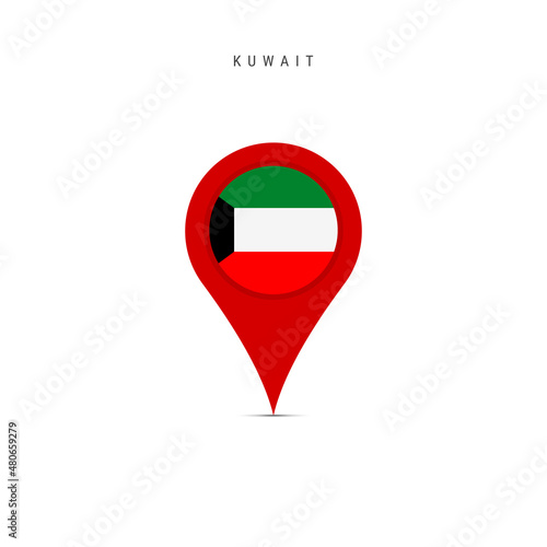 Teardrop map marker with flag of Kuwait. Kuwaiti flag inserted in the location map pin. Flat vector illustration isolated on white background.