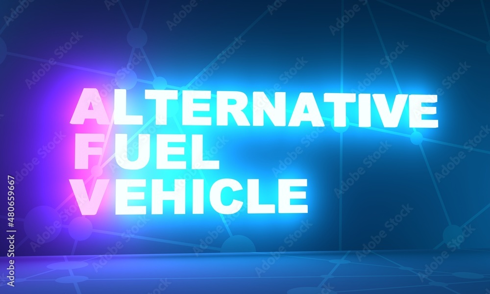 AFV mean Alternative fuel vehicle acronym. Neon shine text. 3D Render
