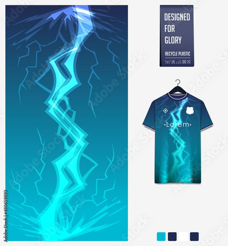 Soccer jersey pattern design.  Abstract pattern on blue background for soccer kit, football kit or sports uniform. T-shirt mockup template. Fabric pattern. Abstract background. 