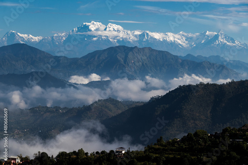 Beautiful mountain range and mountains located at Pokhara as seen from Bhairabsthan Temple, Bhairabsthan, Palpa, Nepal photo