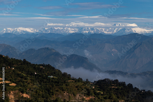 Beautiful mountain range and mountains located at Pokhara as seen from Bhairabsthan Temple, Bhairabsthan, Palpa, Nepal photo