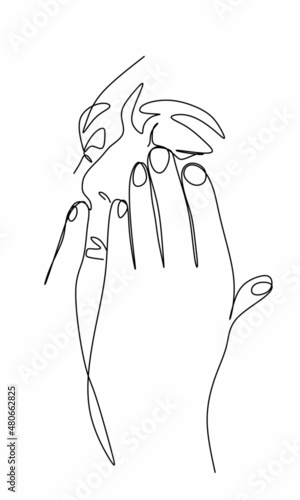 a continuous drawing of a man covering his face with his hands, a concept of psychology. Despair, anxiety, pain, loss, fatigue, loneliness