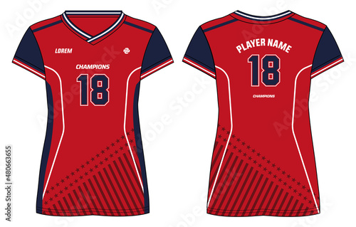 Women Sports Jersey t-shirt design flat sketch illustration with abstract USA pattern suitable for girls and Ladies for Volleyball jersey, Football, Soccer and netball, Sport uniform kit for sports