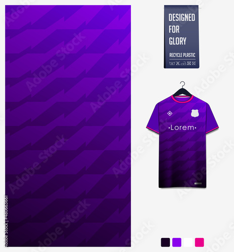 Soccer jersey pattern design. Geometric pattern on violet background for soccer kit, football kit or sports uniform. T-shirt mockup template. Fabric pattern. Abstract background. 