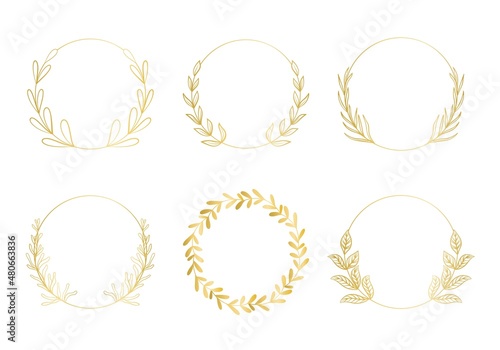 Set of golden botanical frames vector illustration. Collection of deciduous round gold wreaths. Bezels with leaves template for cards and invitations